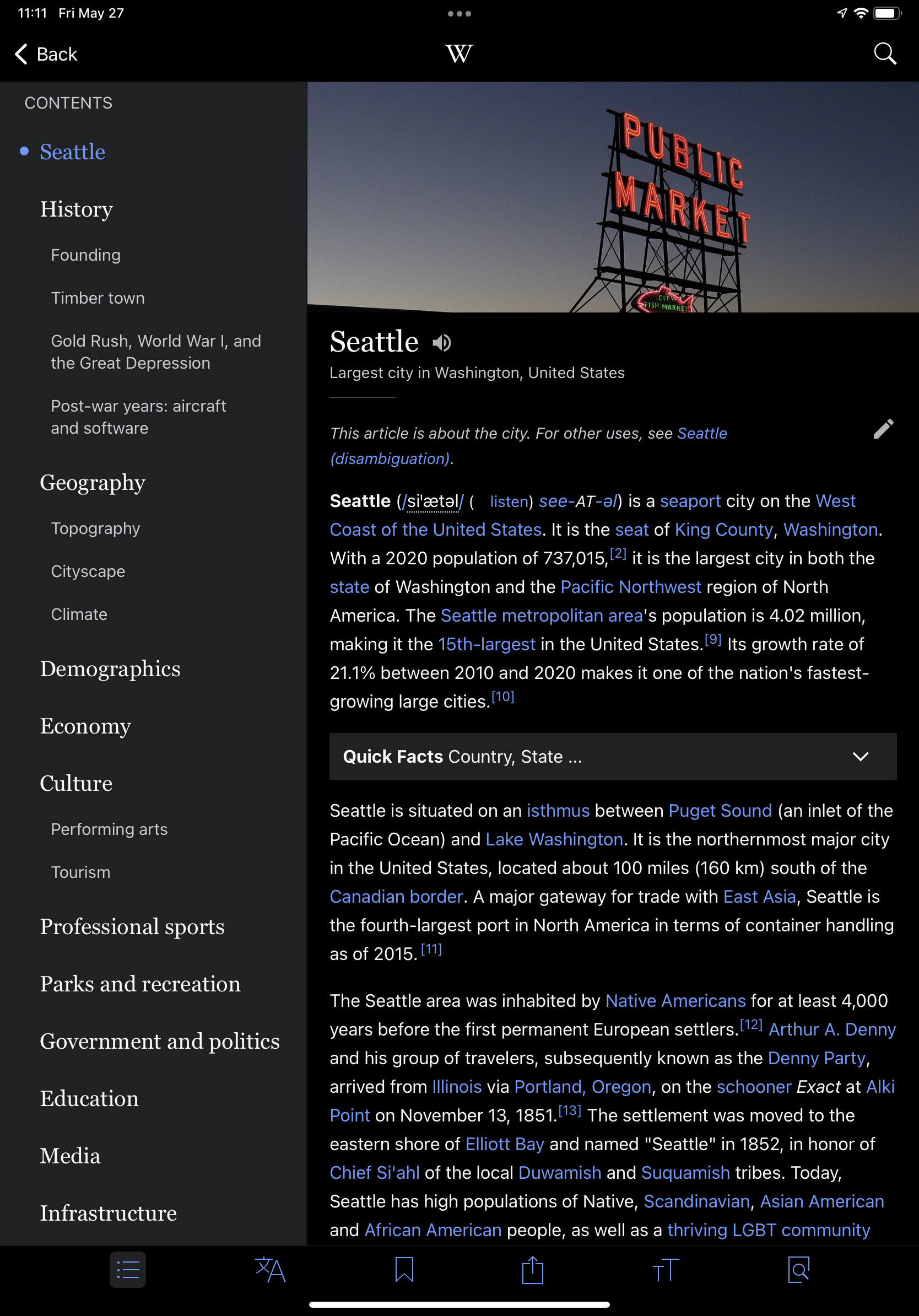 A screenshot of the Wikipedia app on iPad, using extra space for navigation.