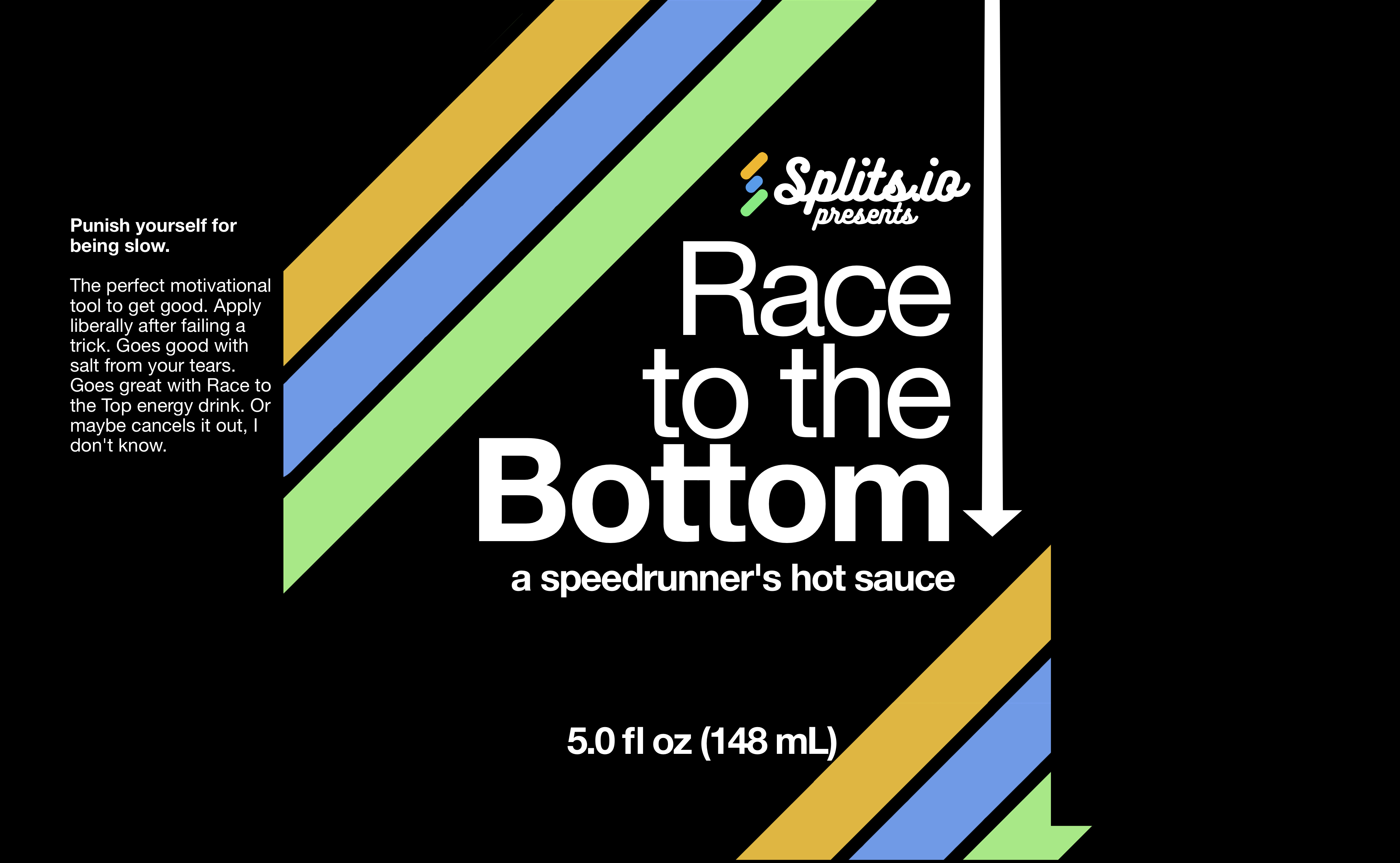 A hot sauce label reading 'Race to the bottom: A speedrunner's hot sauce' in the Splits.io colors.