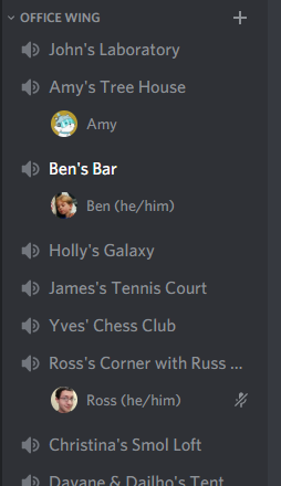 A screenshot of a Discord server with several voice channels, some empty, some having one person in them.