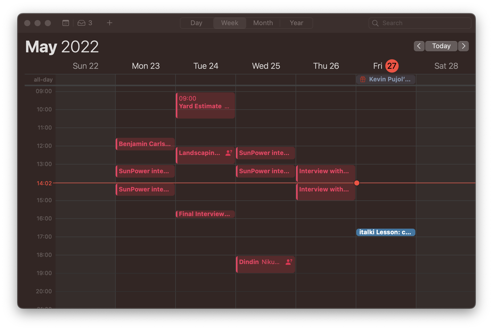 A screenshot of Calendar.app on macOS showing a week with a red line across it.