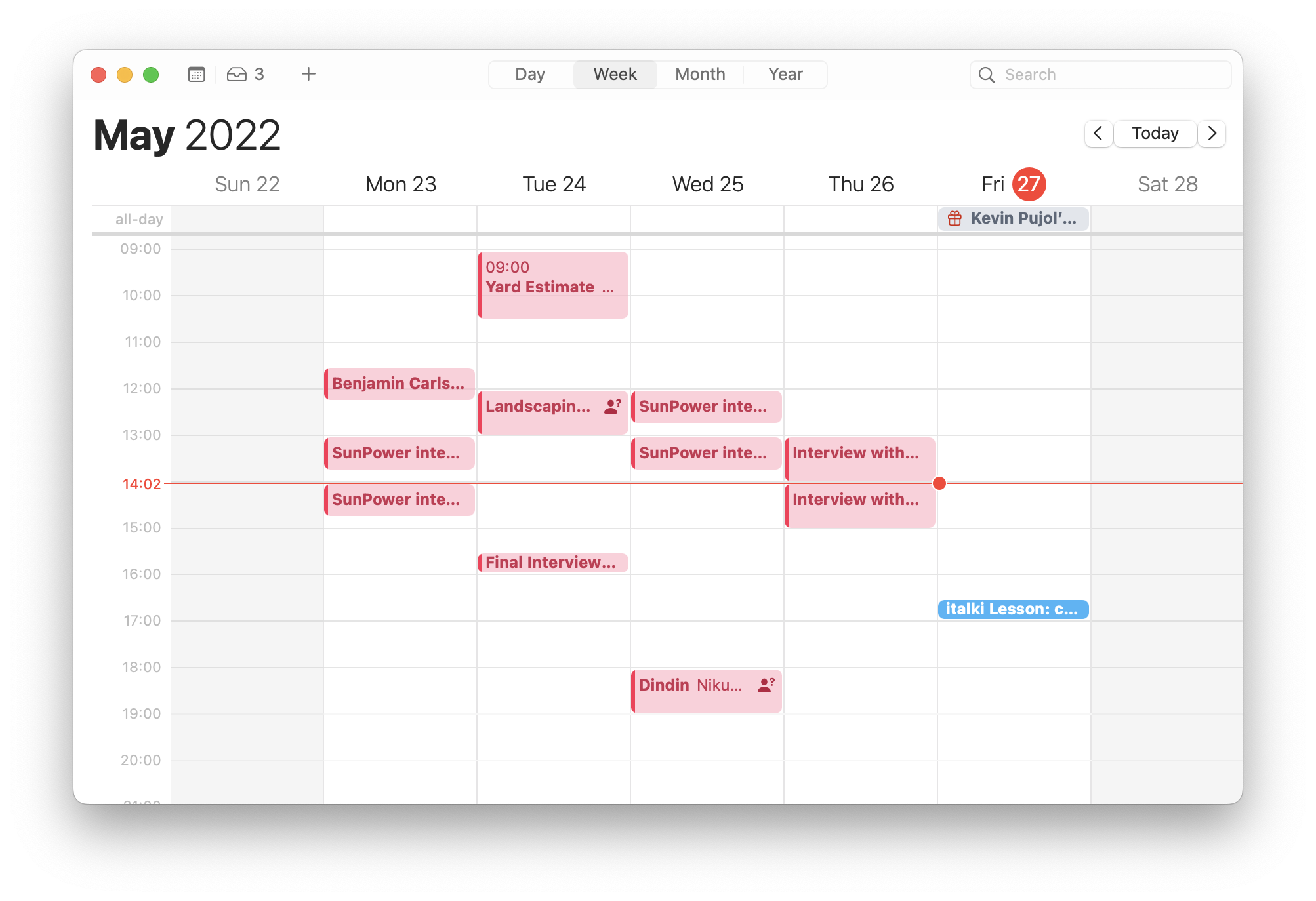 A screenshot of Calendar.app on macOS showing a week with a red line across it.