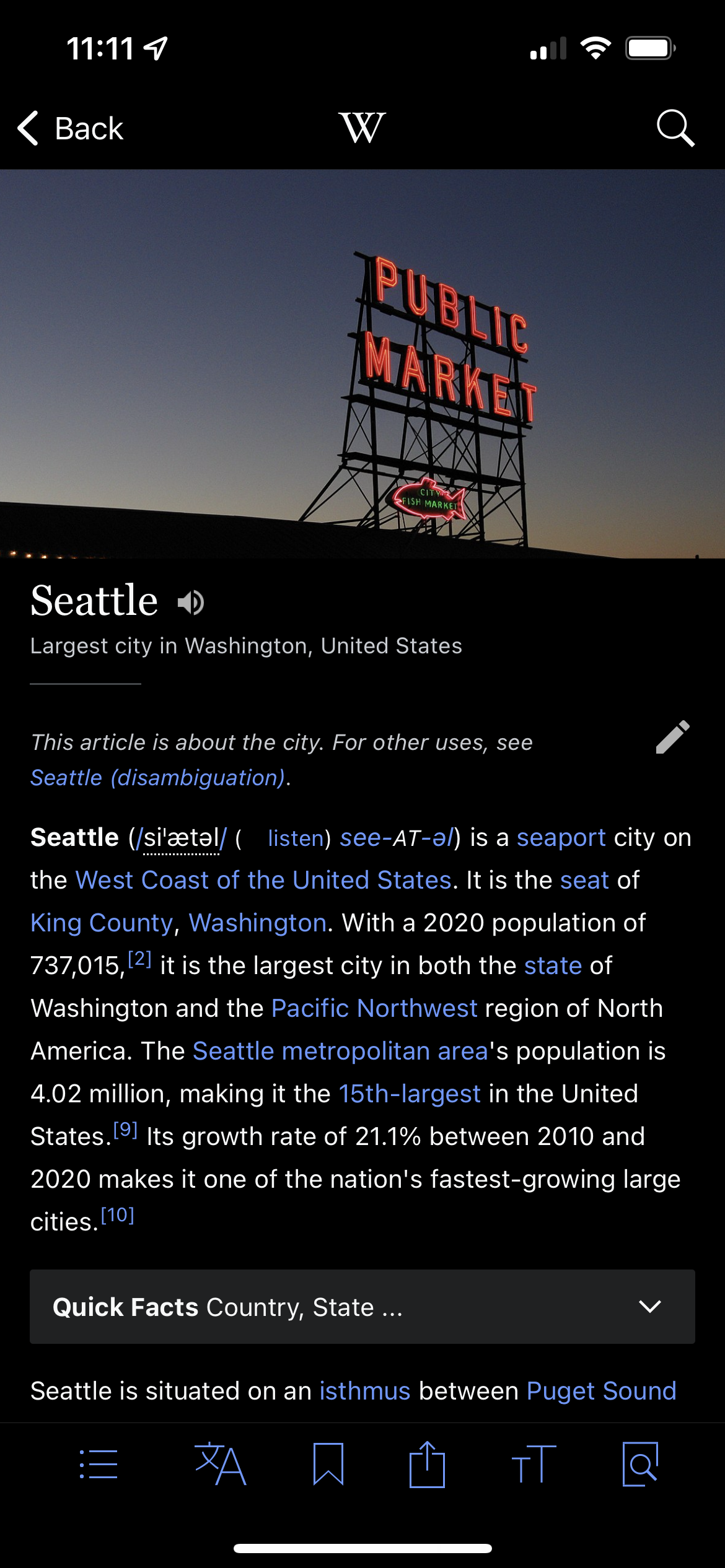 A screenshot of the Wikipedia app on iPhone.
