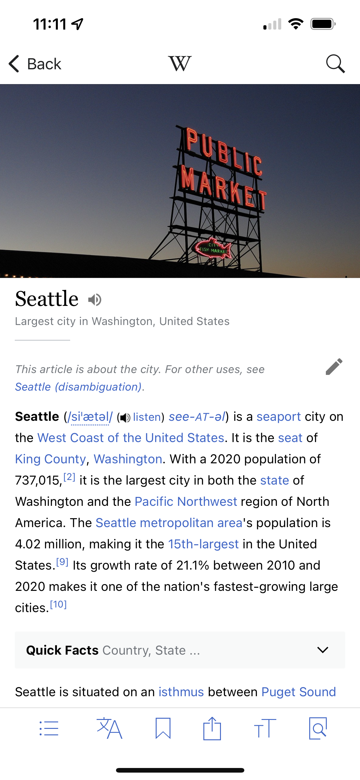 A screenshot of the Wikipedia app on iPhone