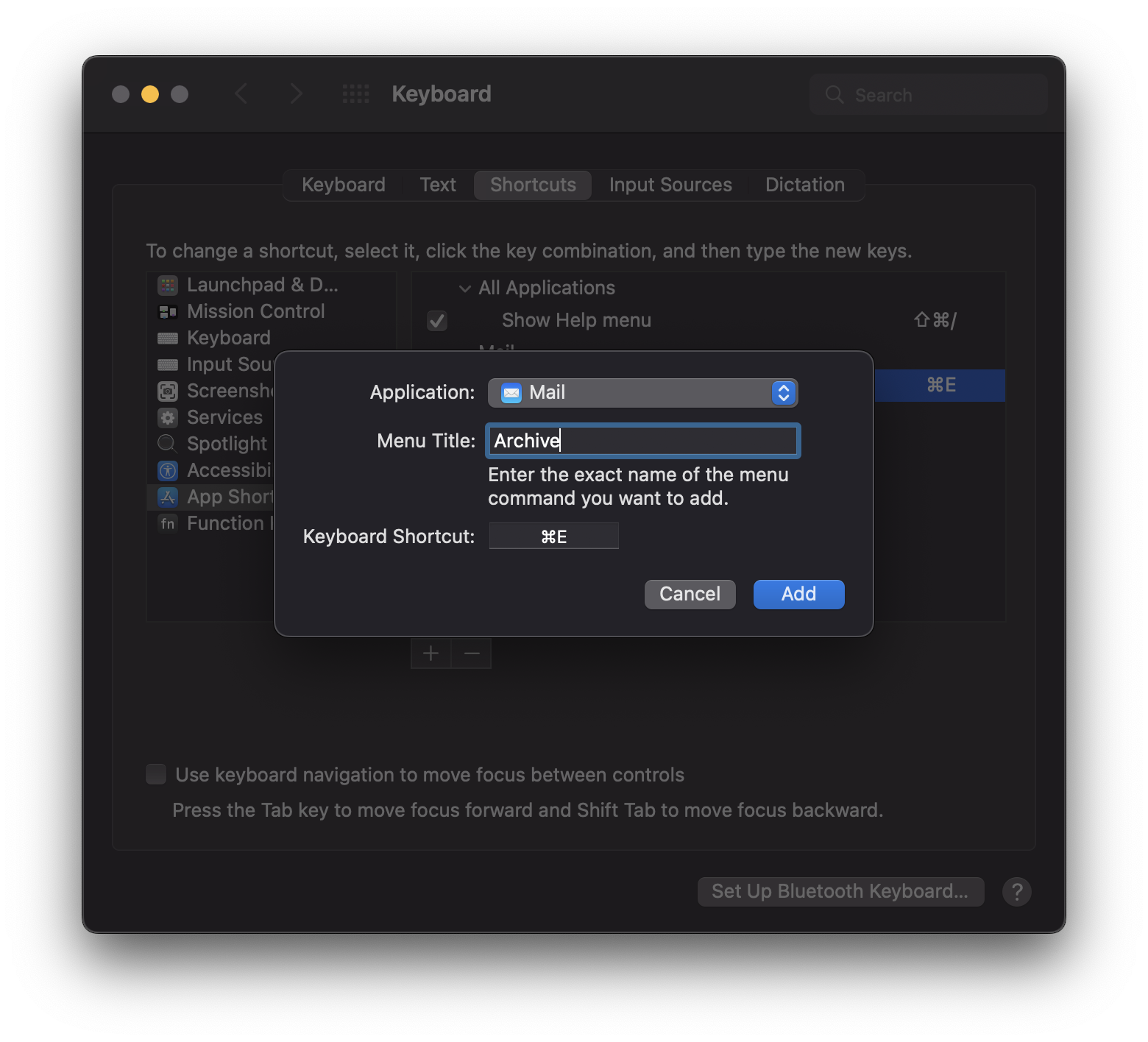 A screenshot of macOS's Settings.app rebinding a key for Mail.app.