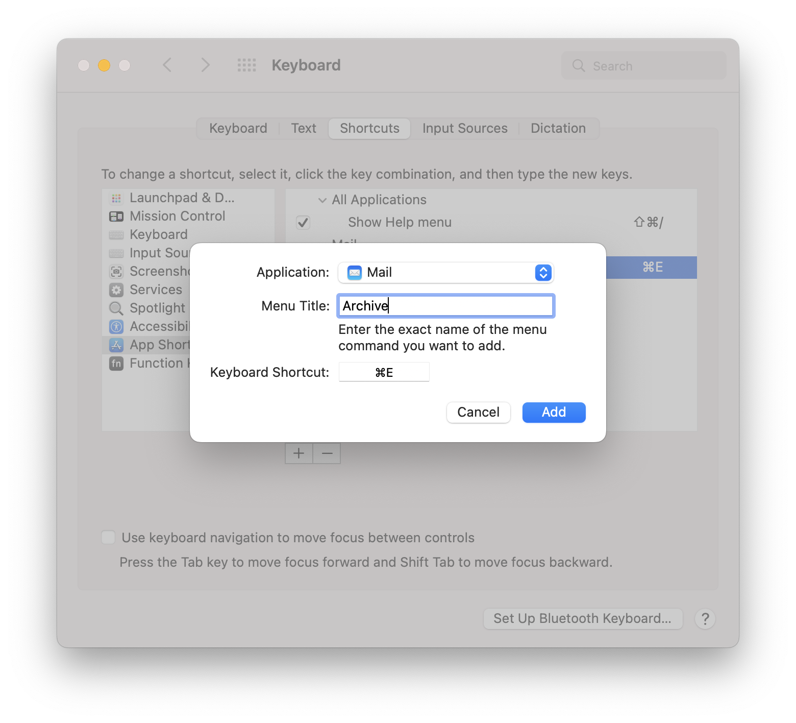 A screenshot of macOS's Settings.app rebinding a key for Mail.app