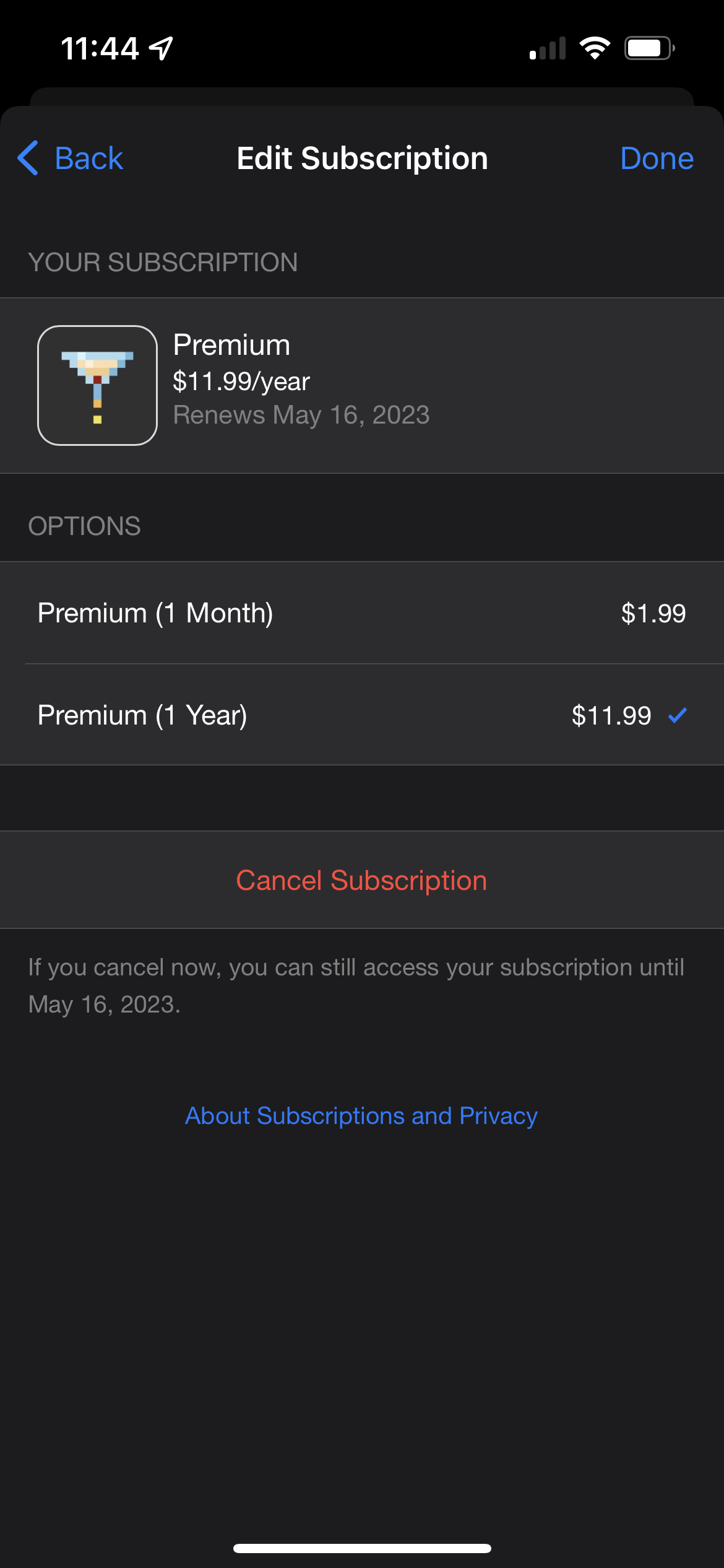 iOS App Store showing options to change or cancel a subscription