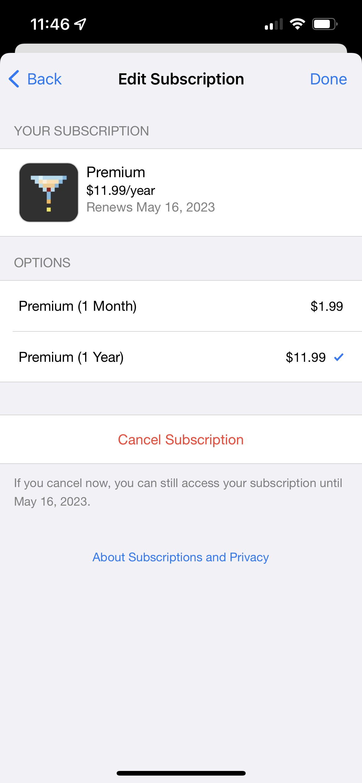 iOS App Store showing options to change or cancel a subscription