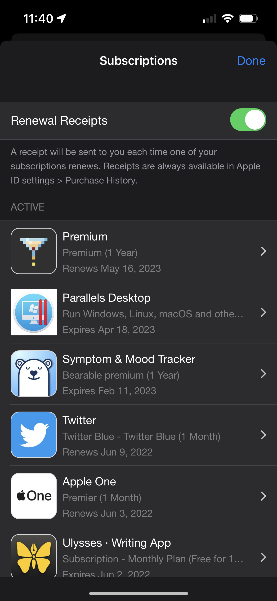 Screenshot of iOS App Store showing multiple active subscriptions