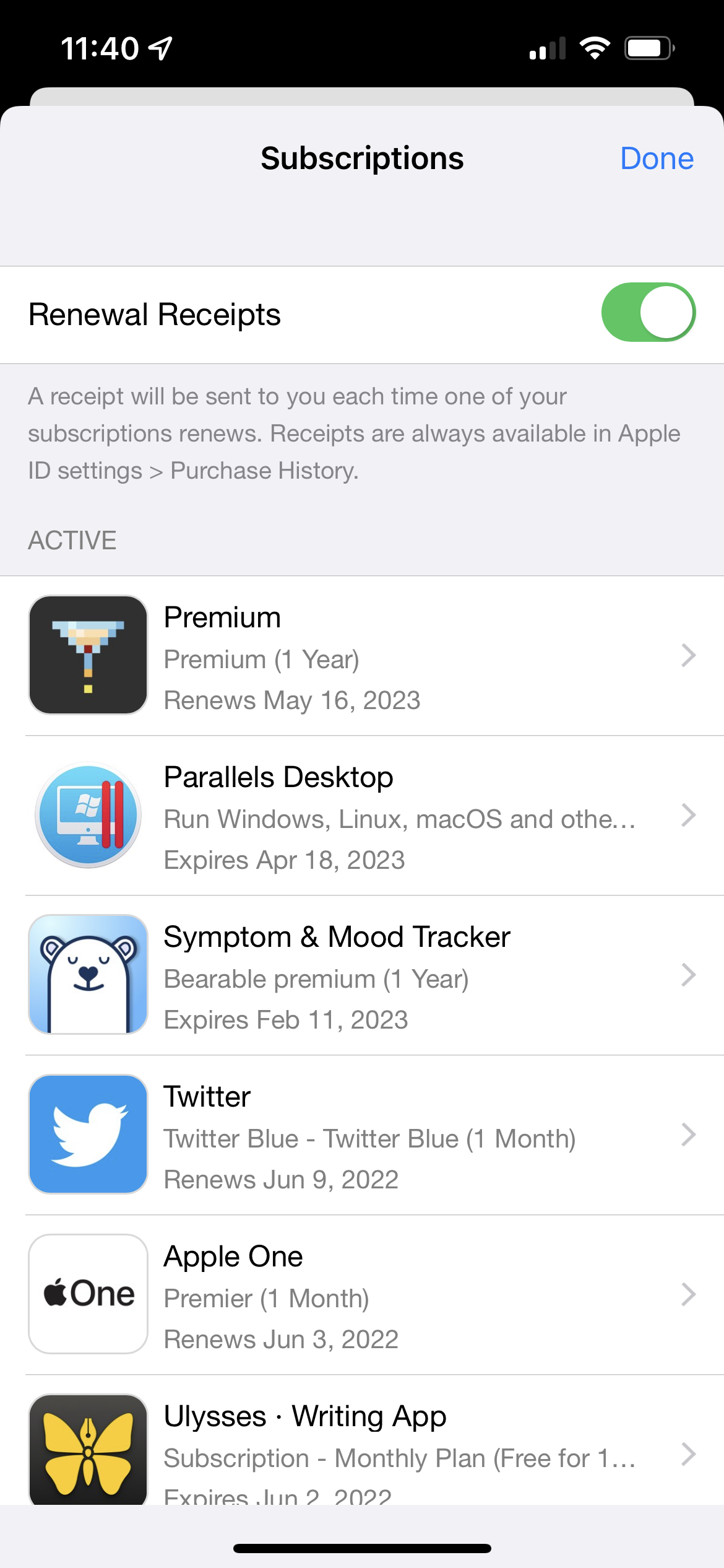 Screenshot of iOS App Store showing multiple active subscriptions