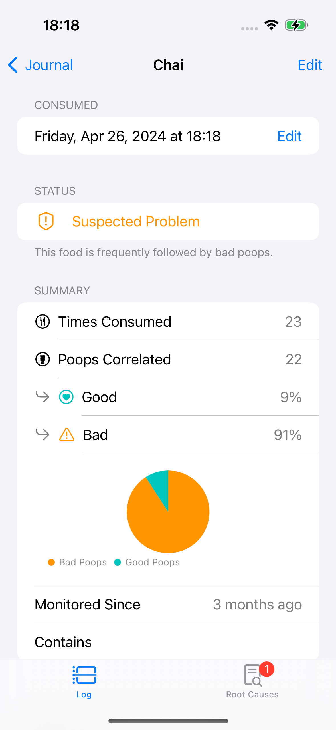 A screenshot of Brown Note showing how a specific food, chai in this case, impacts poops, including percentages of good vs. bad poops that come after.