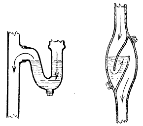 A sketch of two types of traps, which look like capital 'N' shapes where the water comes in the top-right of the 'N' and leaves the bottom-left of it, leaving the middle section always full with a buffer of water, preventing air from traveling from the bottom-left to the top-right.