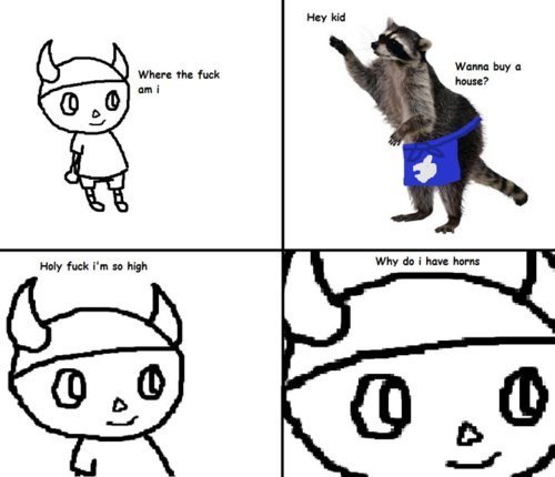 A meme comic where a racoon asks a stranger to buy a house.