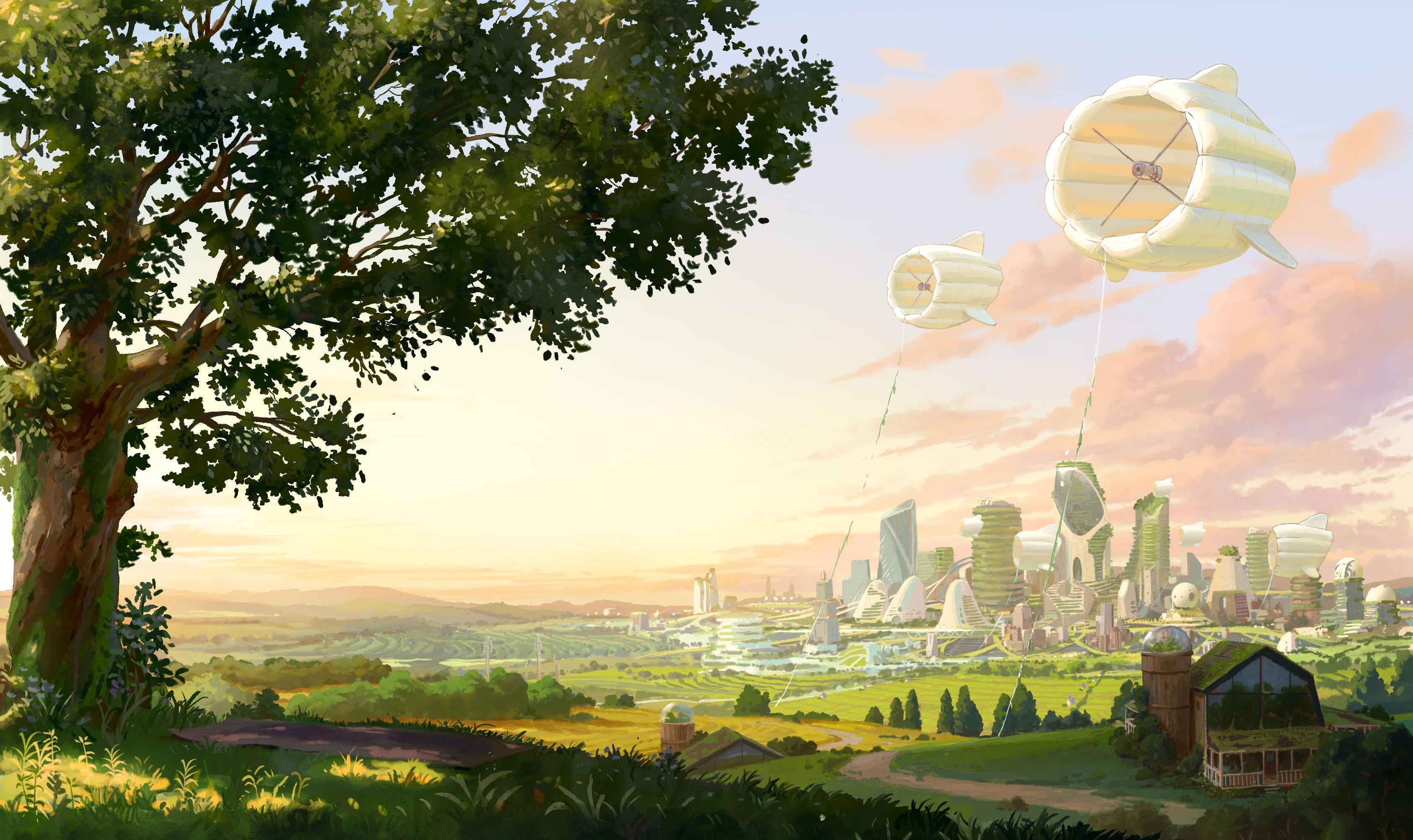 An illustration of a solarpunk landscape, heavy with greenery and windmills.