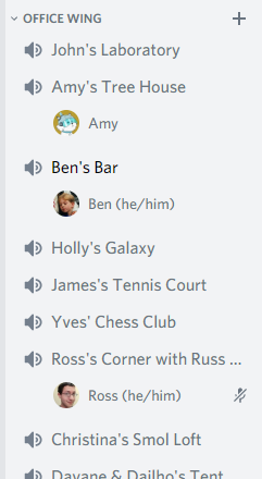A screenshot of a Discord server with several voice channels, some empty, some having one person in them